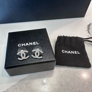 CHANEL Silver Crystal CC Clip-On Earrings